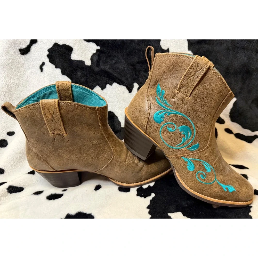 Twisted X Womens Brown Leather Turquoise Embroidered Western Ankle Boots Size 10